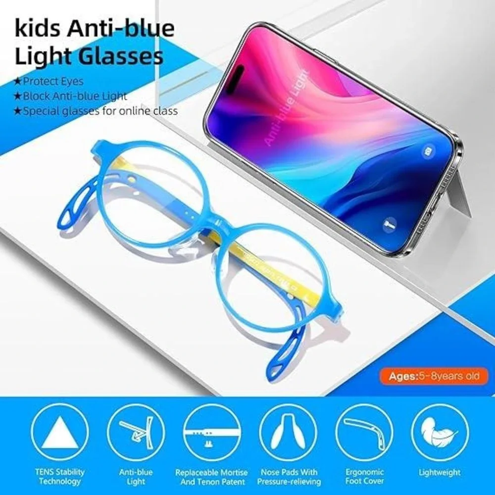 EyeBuddy Kids Blue Light Blocking Glasses Round TR90 Gel Frame Blue 3-13‎